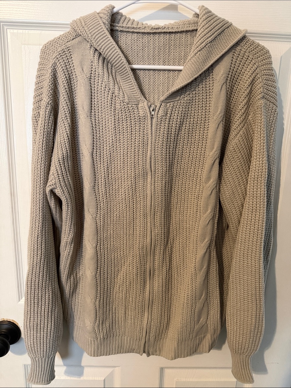 Beige Cable Knit Zip-Up Hoodie Sweater